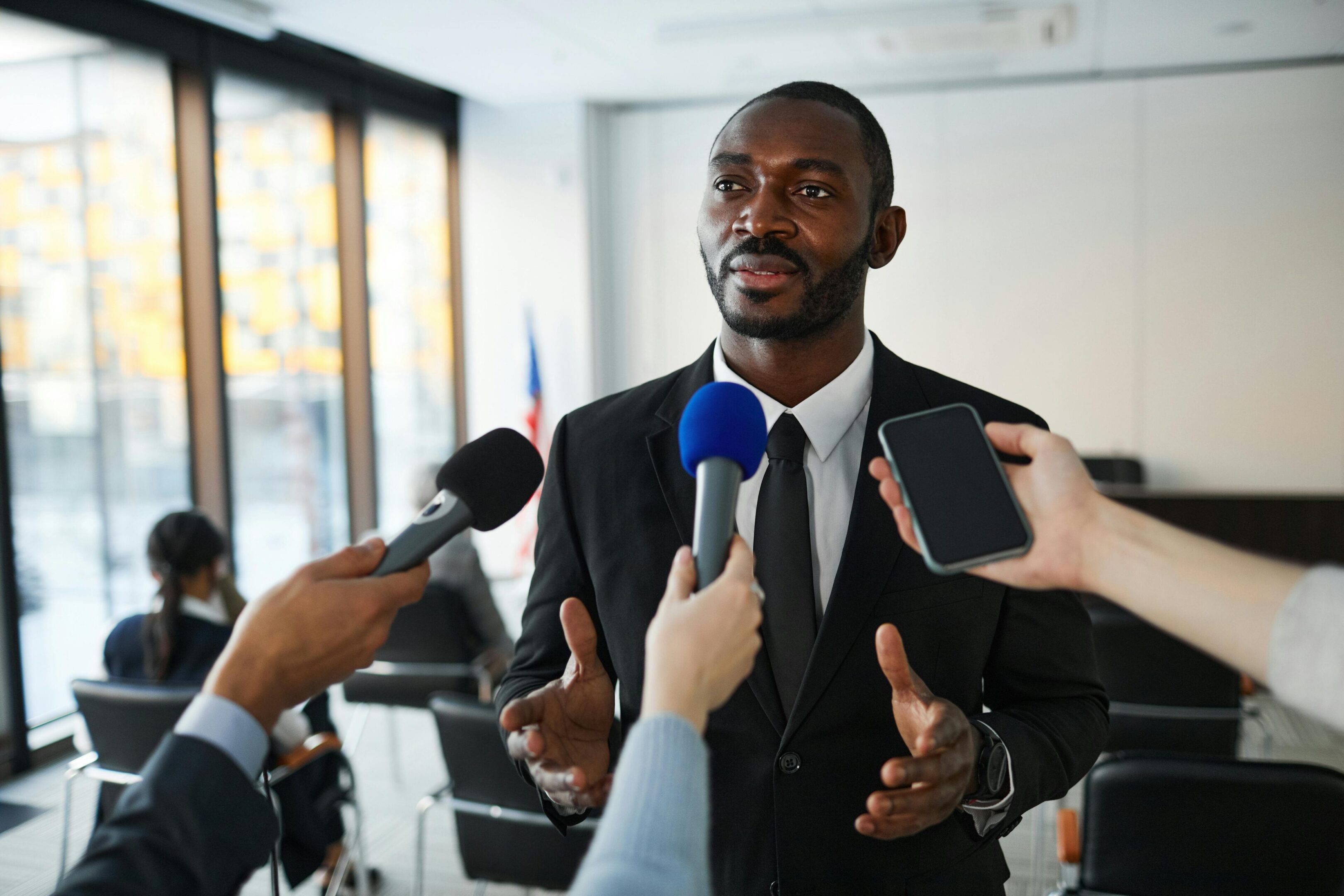 Press conference with multiple microphones
